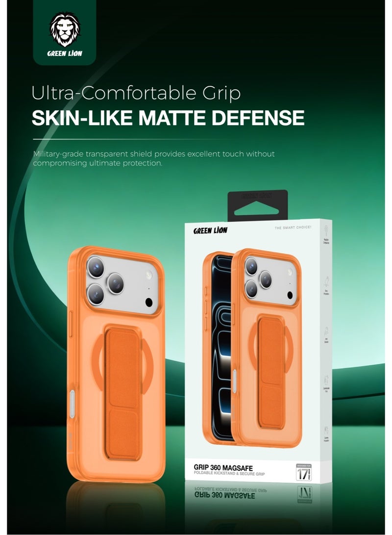 جرين ليون حافظة iPhone 17 Pro Max MagSafe GRIP 360 غطاء خلفي / حزام قبضة من الجلد / حامل قابل للطي / مغناطيس قوي / حماية من السقوط / حماية للكاميرا / مقاومة للخدش - التيتانيوم البرتقالي - Image 3