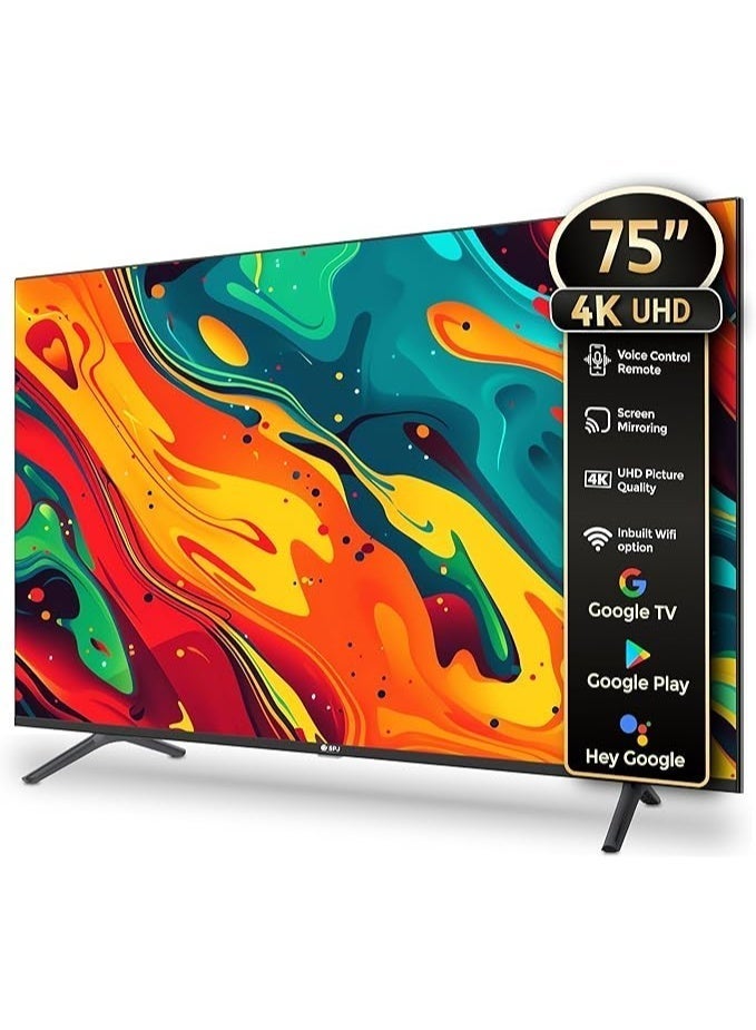 SPJ 75-Inch 4K UHD Android Smart LED TV – Voice Control Remote, Screen Mirroring, Bluetooth, HDMI & USB Ports, Built-in Wi-Fi, Google Play, Bezel-Less Design – Black | 1-Year Warranty - Image 1