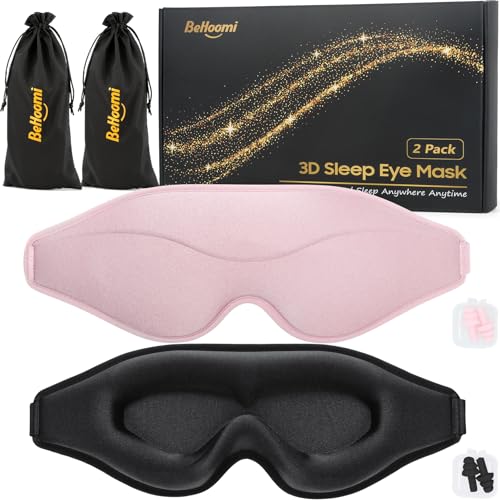 BeHoomi Sleep Mask 2 Packs Premium Eye Mask for Sleeping Total Blackout Superior Soft Comfort Upgraded 3D Ergonomic Designed Sleeping Mask for Home Office Travel Meditation Yoga Black Pink - Image 2