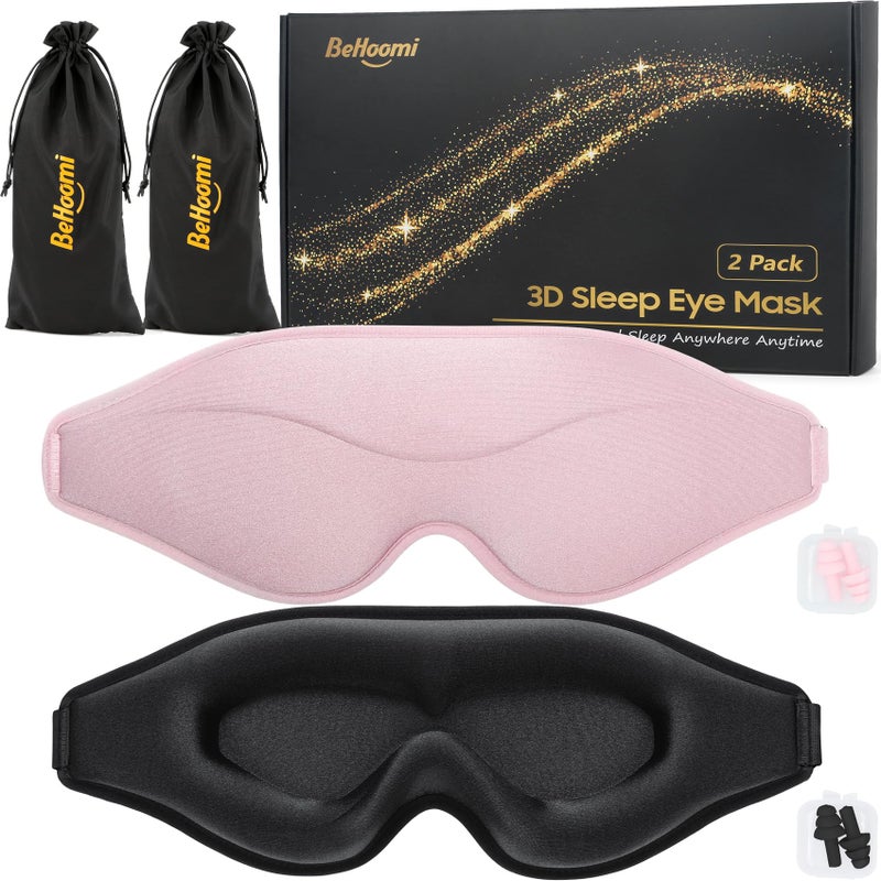 BeHoomi Sleep Mask 2 Packs Premium Eye Mask for Sleeping Total Blackout Superior Soft Comfort Upgraded 3D Ergonomic Designed Sleeping Mask for Home Office Travel Meditation Yoga Black Pink - Image 3