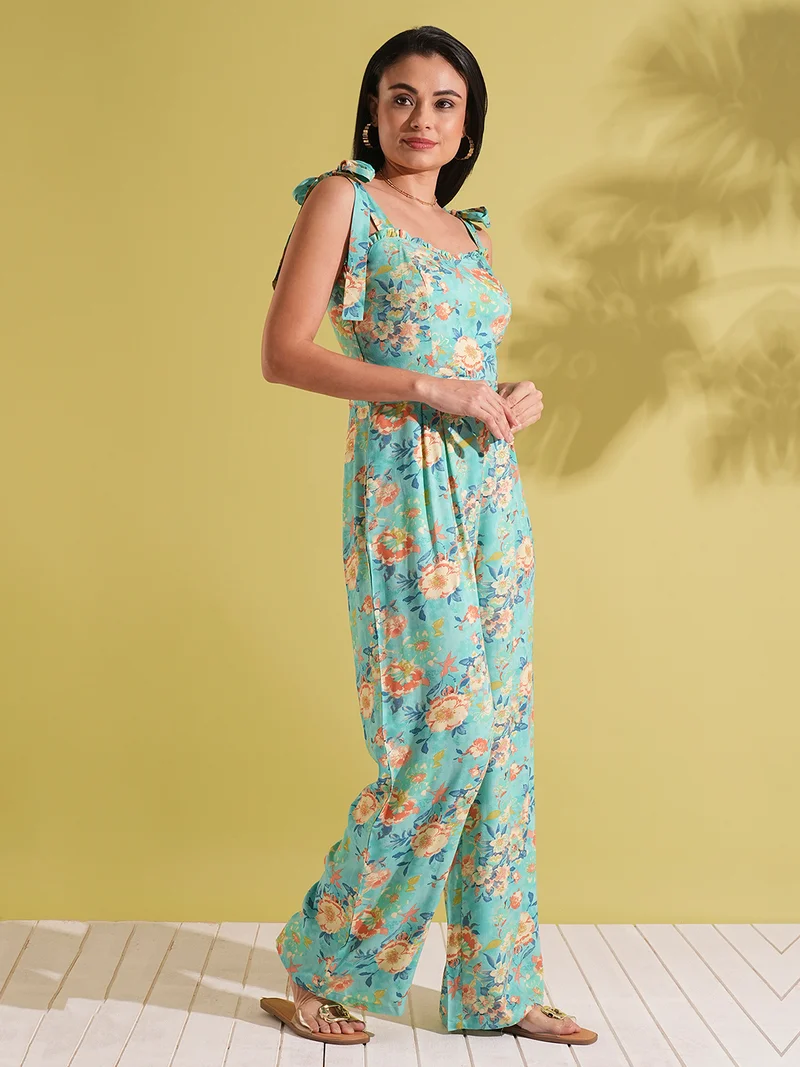 جلو باص جمبسوت نسائي بطبعات زهور بياقة على شكل قلب وتفاصيل كشكشة وحمالات مربوطة