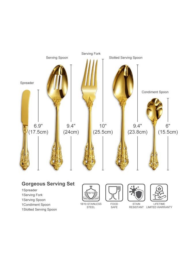 KEAWELL Gorgeous 5-Piece 18/10 Stainless Steel Hostess Serving Utensil Set, Dishwasher Safe (Gold) - Image 2
