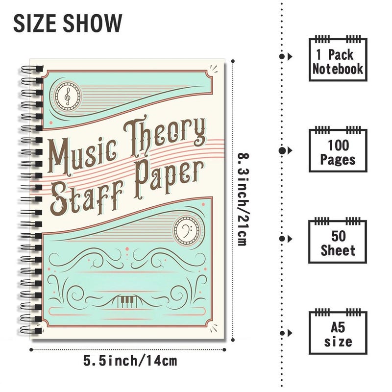 Music Manuscript Paper 100 Sheets Blank Staff Notebook 5.5x8.3 Inch 8 Staves Per Page - Image 2