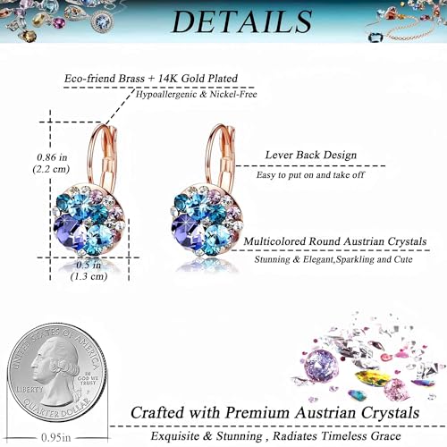 EVEVIC Multicolored Austrian Crystal Drop Earrings for Women 14K Gold Plated Hypoallergenic Leverback Hoop Earrings - Image 4