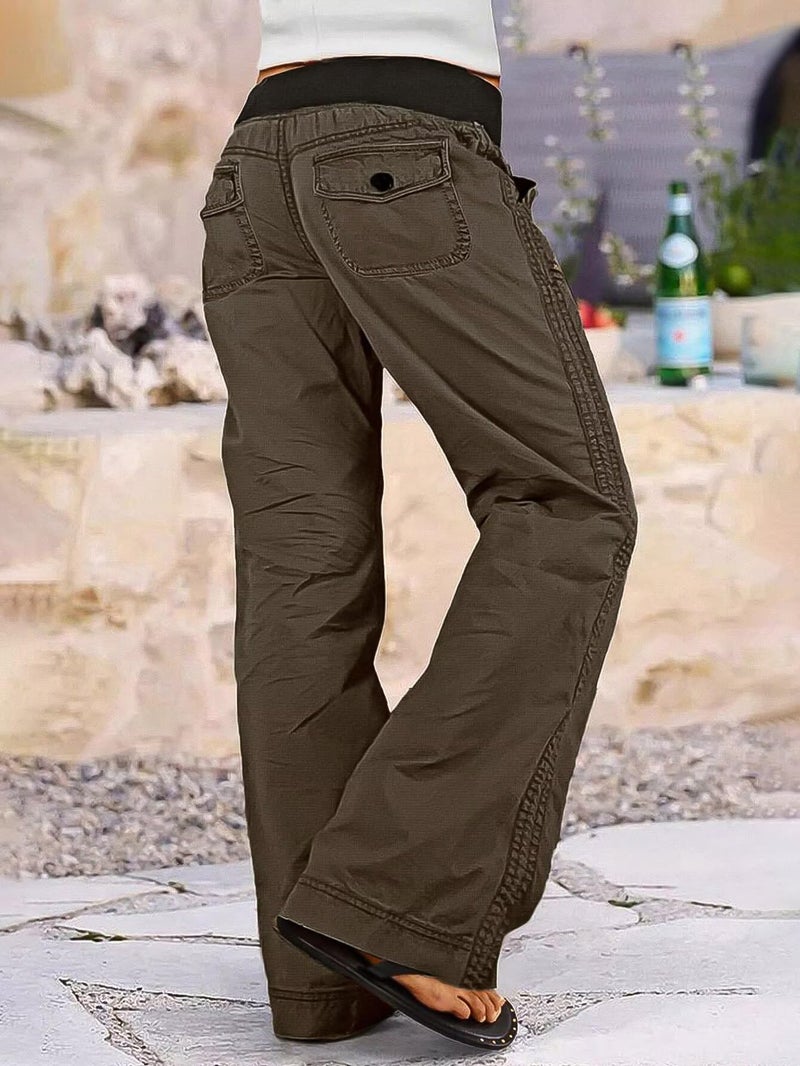 Flamingals Straight Leg Pants for Women Drawstring Waist Mid Rise Casual Solid Seam Detail Pants Chocolate XL - Image 2