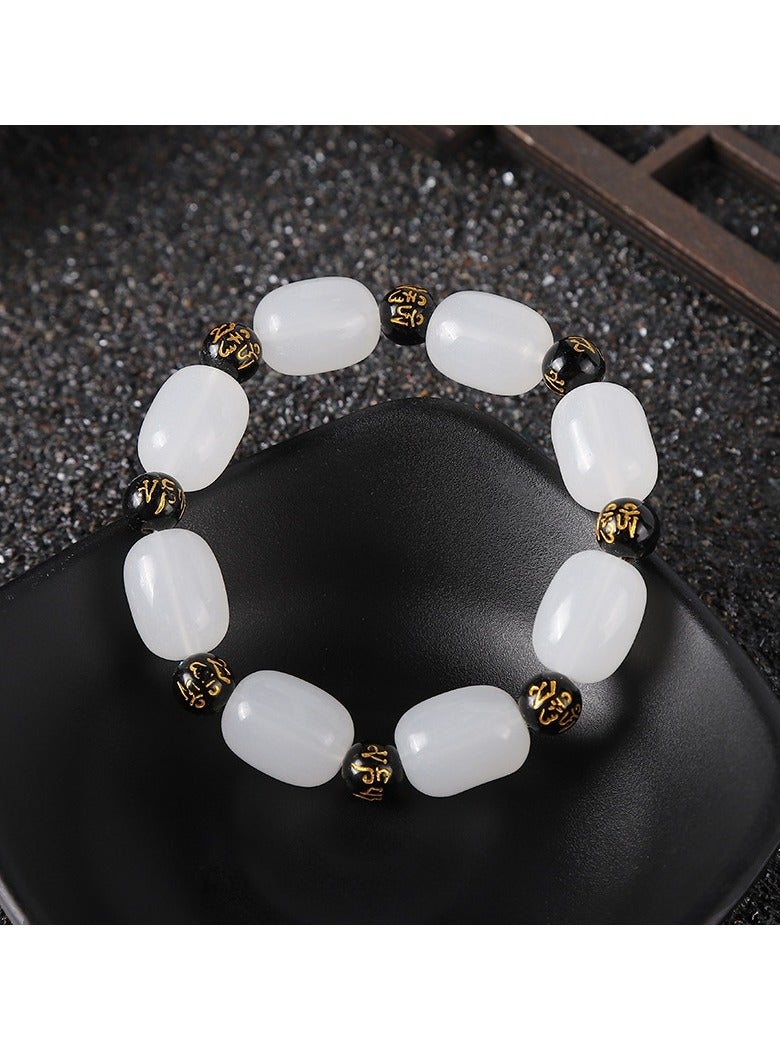 White Jade and Black Bead Bracelet | 12mm/16mm Oval Beads with Engraved Blessing Symbols | Elegant Natural Stone Jewelry for Men and Women | Energy and Balance Bracelet - Image 2