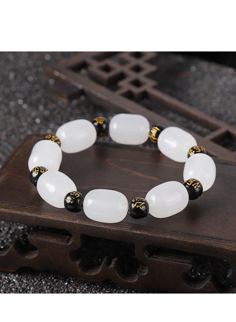 White Jade and Black Bead Bracelet | 12mm/16mm Oval Beads with Engraved Blessing Symbols | Elegant Natural Stone Jewelry for Men and Women | Energy and Balance Bracelet - Image 5