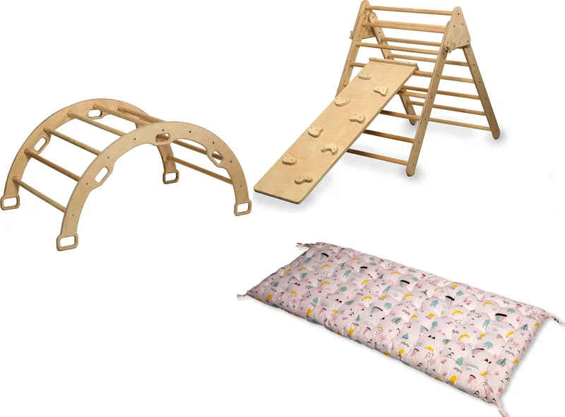 Kidoppo Pikler Climbing Set and Pillow | Montessori Set of 3 | Belt + Triangle + Stone Ramp + Flamingo Patterned Pillow