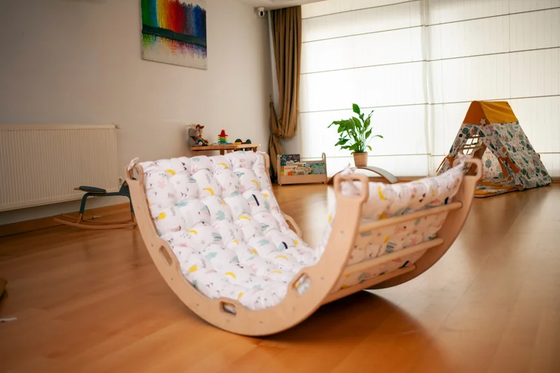 Kidoppo Pikler Climbing Set and Pillow | Montessori Set of 3 | Belt + Triangle + Stone Ramp + Flamingo Patterned Pillow