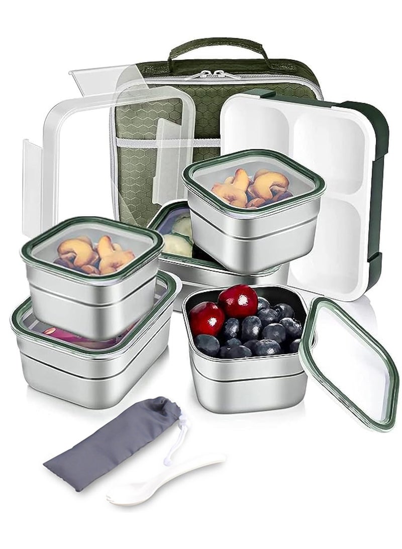 VUCATIN Kids School Stainless Steel Lunch Box Insulated Bento Lunch Box with Cutlery and Bag 5 Compartments Divided Lunch Container with Lid  (Green 1000ML) - Image 1