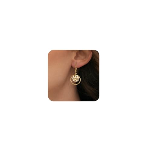 Lancharmed 14K Gold Earrings for Women Trendy Hypoallergenic Drop Disc Circle Hammered Earrings Leverback Disc Dangle Drop Earring Gold Dangle Circle Earing for Jewelry Gifts - Image 1