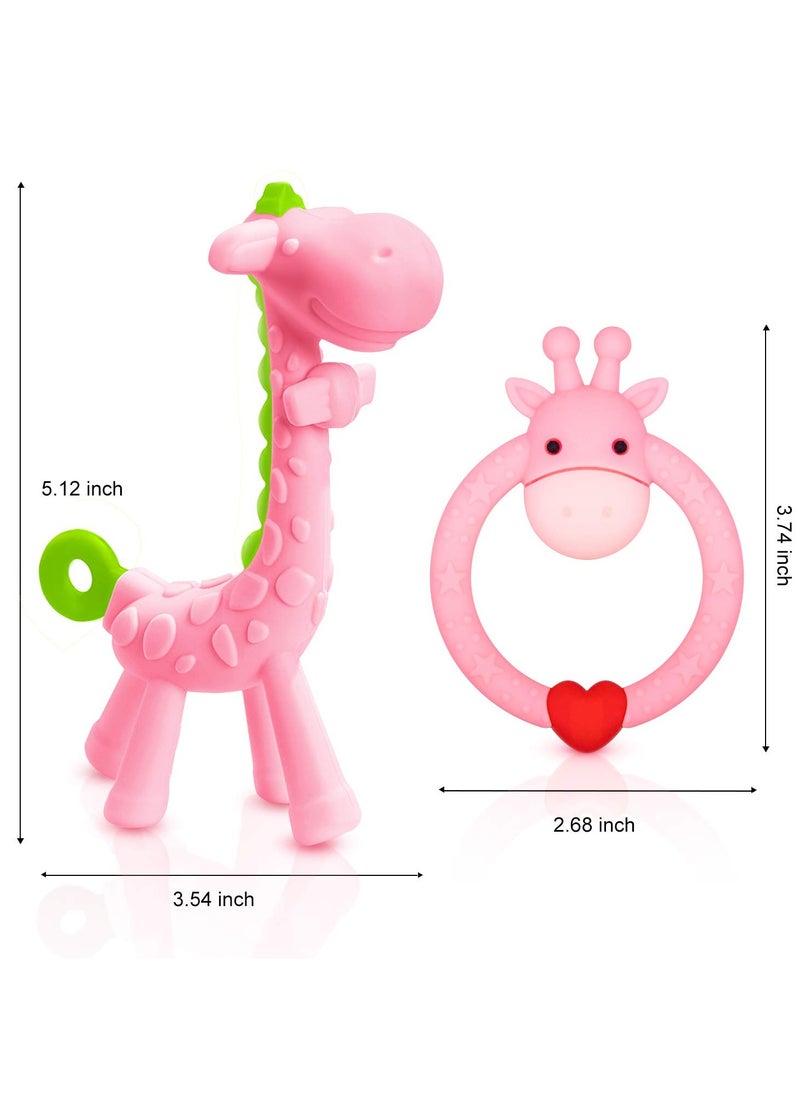 2-Piece BPA Free Silicone Giraffe Baby Teether Toy, Baby Shower, Baby Teething Toys (Pink)