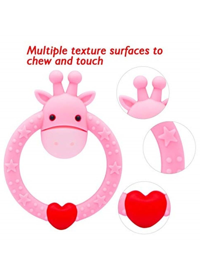 2-Piece BPA Free Silicone Giraffe Baby Teether Toy, Baby Shower, Baby Teething Toys (Pink)