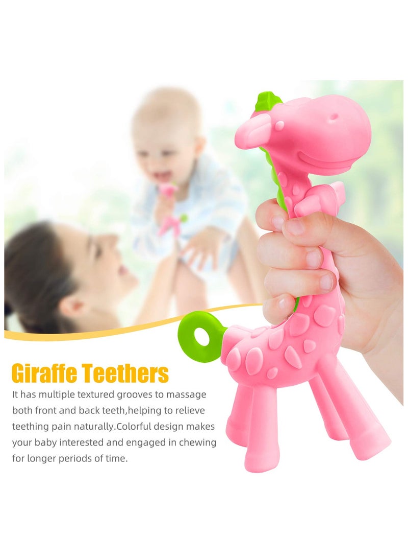 2-Piece BPA Free Silicone Giraffe Baby Teether Toy, Baby Shower, Baby Teething Toys (Pink)