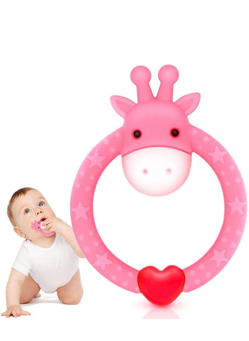 2-Piece BPA Free Silicone Giraffe Baby Teether Toy, Baby Shower, Baby Teething Toys (Pink)