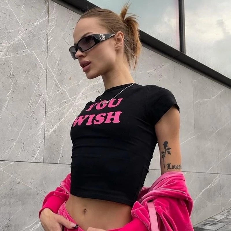2022 logo printing American hot girl wind printing round neck slim short short sleeve T-shirt clothing wholesale - Image 2