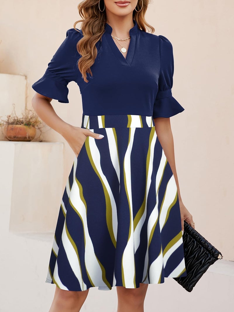 Mokayee Dresses for Womens 2025 Summer Short Sleeve V Neck Sunday Church Modest Semi Formal Cocktail A-line Dinner Petite Swing Business Casual Professional Office Ladies Dress M - Image 2