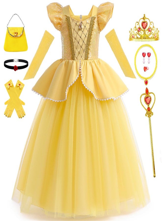 Luzlen Belle Costume for Girls Yellow Princess Dress up Halloween Birthday Party Cosplay Outfits with Accessories Yellow, 4-5T(Tag 120) - Image 1