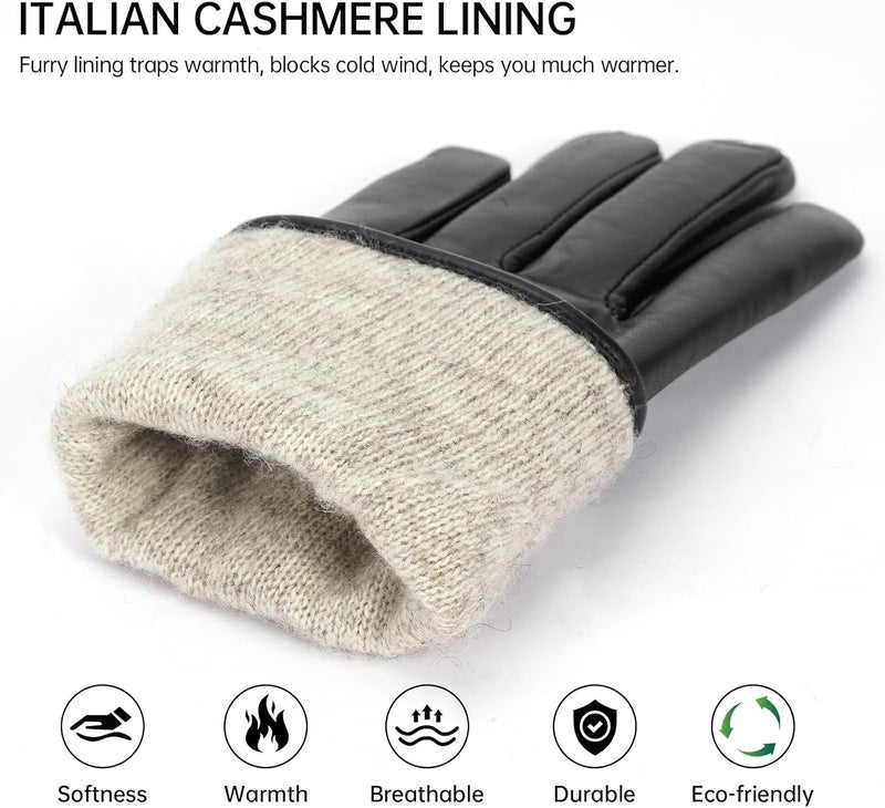 BISON DENIM Women's Genuine Leather Driving Gloves with Cashmere Lining - Touchscreen Compatible - Black - Image 2