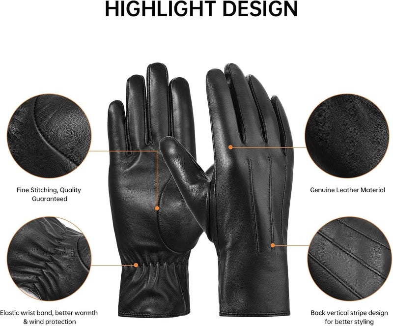 BISON DENIM Women's Genuine Leather Driving Gloves with Cashmere Lining - Touchscreen Compatible - Black - Image 3