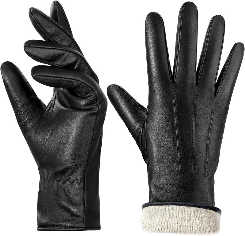 BISON DENIM Women's Genuine Leather Driving Gloves with Cashmere Lining - Touchscreen Compatible - Black - Image 1