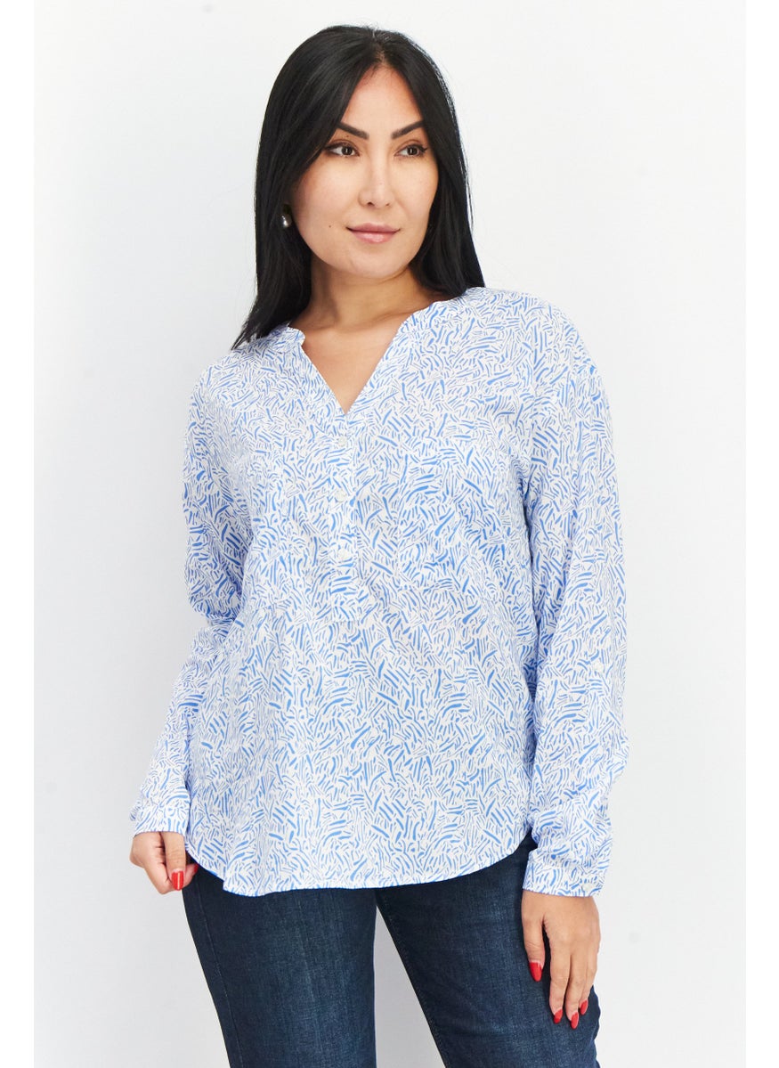 EDC Women Split Neck Long Sleeves Allover Print Blouse, Blue  - Image 1