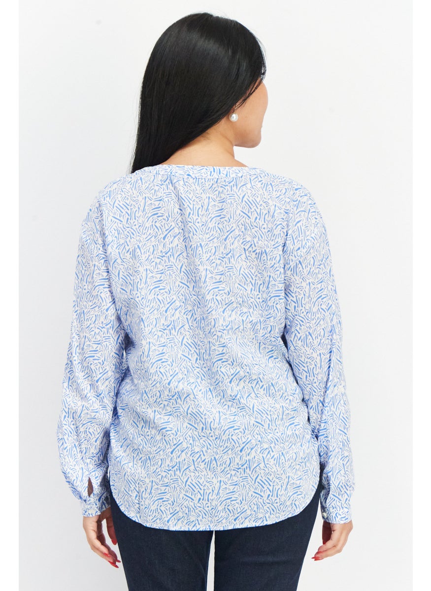 EDC Women Split Neck Long Sleeves Allover Print Blouse, Blue  - Image 2