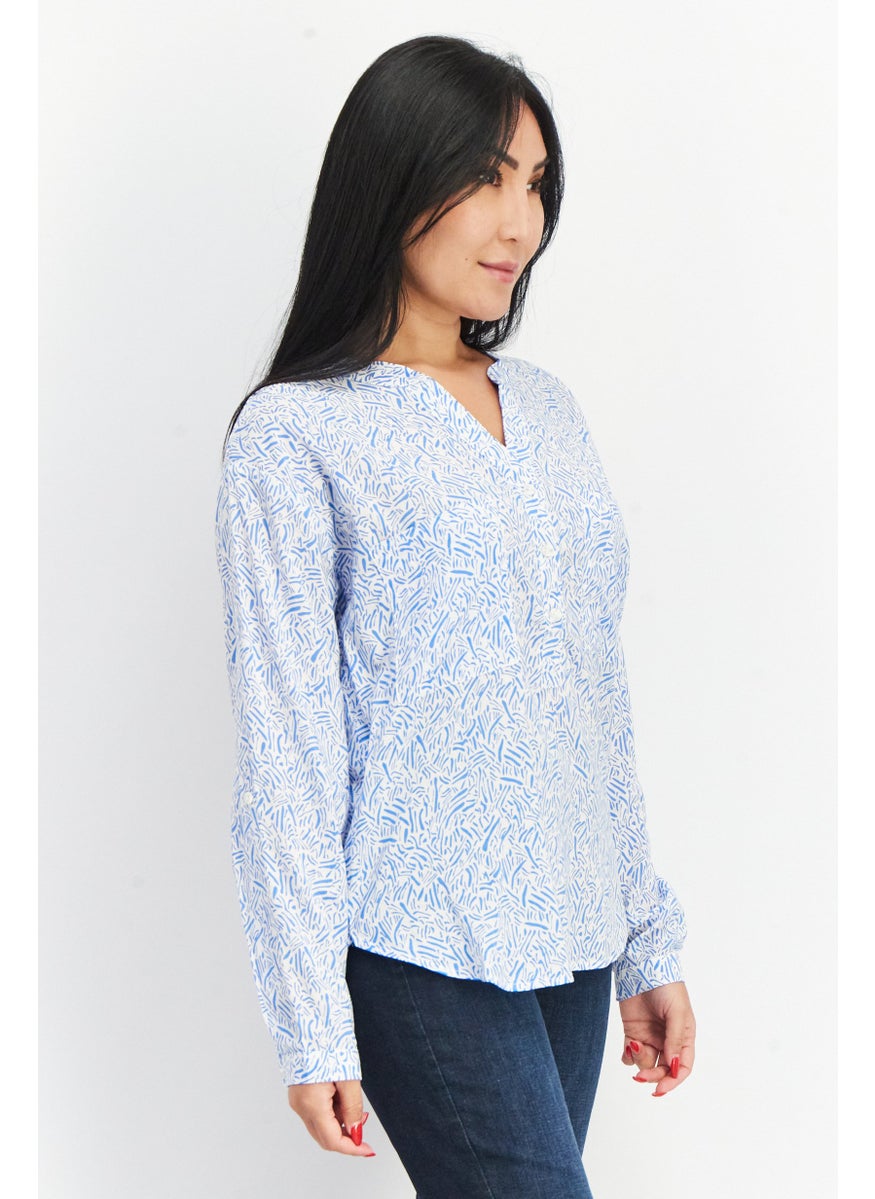 EDC Women Split Neck Long Sleeves Allover Print Blouse, Blue  - Image 4