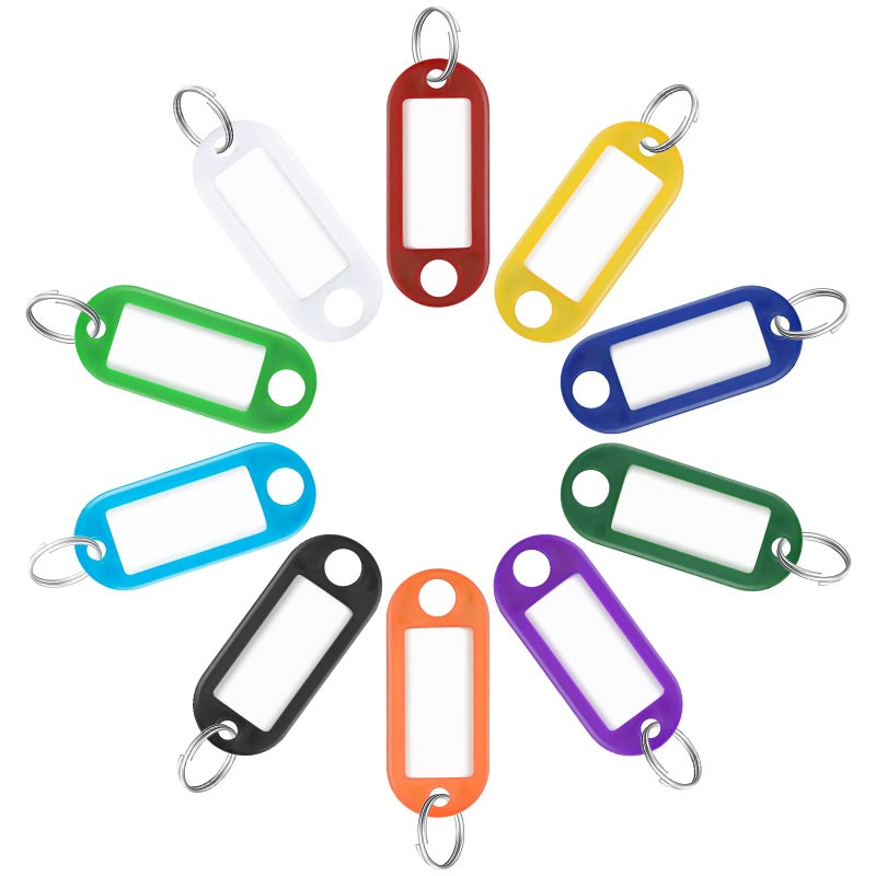 Uniclife 2 Inch Tough Plastic Key Tags in 10 Assorted Colors Item Identifiers Markers with Blank Paper Labels Protective Plastic Films and Split Rings, 10 Pack - Image 1