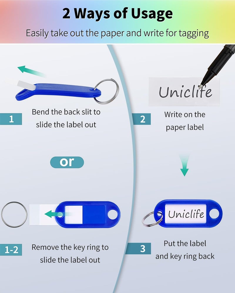 Uniclife 2 Inch Tough Plastic Key Tags in 10 Assorted Colors Item Identifiers Markers with Blank Paper Labels Protective Plastic Films and Split Rings, 10 Pack - Image 5