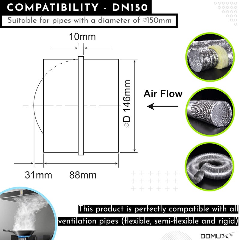 Generic DOMUX Anti- valve 150 mm – Silent connection – galvanised steel – Optimal sealing – Rubber seal – Perfect for cooking, extractor, tumble dryer, and VMC- DN150  - Image 2