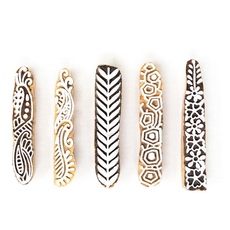 TWOGRAMS | Set of 5 | Wooden Stamp Block, Printing Stamp Design Set | Block for Printing Saree Border | Dresses, Craft Card Making, Scrapbook, Clay Pottery - Image 1