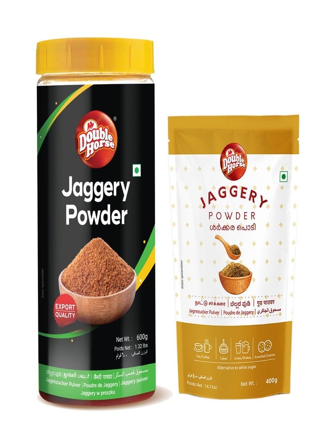 Double Horse Jaggery Powder – Natural Sweetener | 1 Kg Combo (600g Jar + 400g Refill Pack) - Image 1