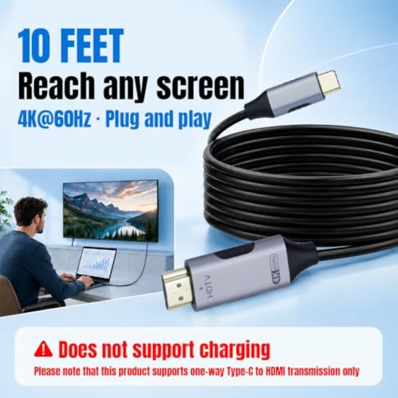 McBazzle USB C to HDMI Cable 3M 4K@60Hz, Type C to HDMI Adapter Cable for MacBook Pro/Air, iPad Pro, Samsung Galaxy S24/S23, Surface - Plug and Play, Aluminum Body - Image 2