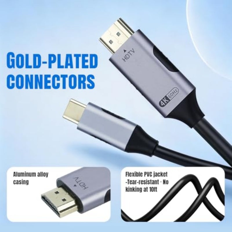 McBazzle USB C to HDMI Cable 3M 4K@60Hz, Type C to HDMI Adapter Cable for MacBook Pro/Air, iPad Pro, Samsung Galaxy S24/S23, Surface - Plug and Play, Aluminum Body - Image 5