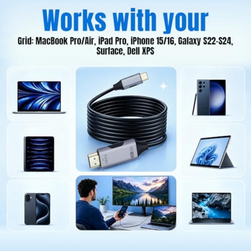 McBazzle USB C to HDMI Cable 3M 4K@60Hz, Type C to HDMI Adapter Cable for MacBook Pro/Air, iPad Pro, Samsung Galaxy S24/S23, Surface - Plug and Play, Aluminum Body - Image 4