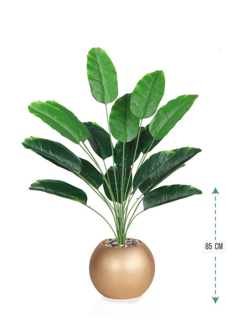 تالا شجرة ورق موز صناعية ديكورية بطول 85 سم مع أصيص ذهبي أنيق – أوراق خضراء طبيعية المظهر - Image 1