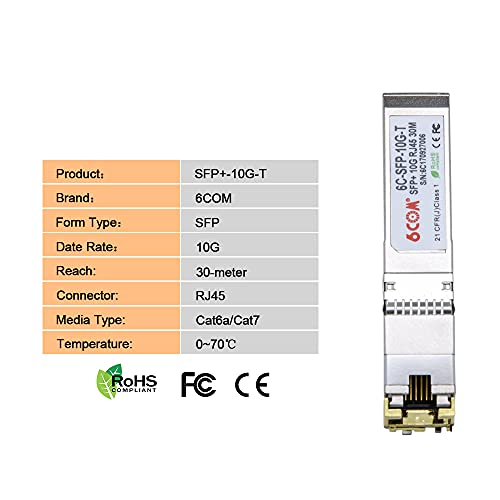 6COM 10GBase-T SFP+ Copper RJ45 Module Transceiver, RJ-45 SFP+ CAT.6a, up to 30 Meters, Compatible for Cisco SFP-10G-T-S, Ubiquiti UF-RJ45-10G, Netgear, D-Link, Mikrotik, Supermicro, TP-Link and More - Image 2