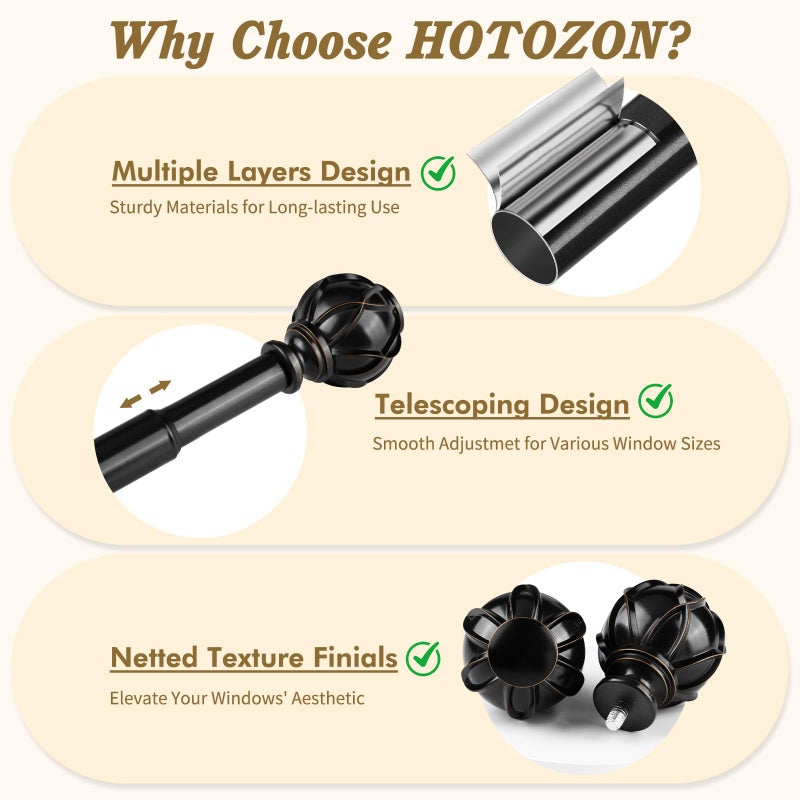 HOTOZON Black Curtain Rods 2 Pack, HOTOZON Curtain Rods for window 32 to 58 Inch, New Splicing Window Rods for Windows, 3/4 Inch Single Drapery Rod with Netted Finials - Image 3