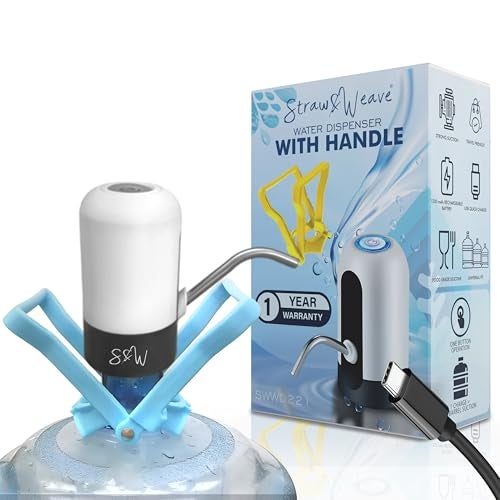 STRAW&WEAVE Automatic Water Dispenser Pump For 20 Litre Bottle With Handle For 20 L Jar | Heavy ABS Handle For Lifting 20L Bottles | Big Battery Water Pump | 1 Year Warranty On Pump & Handle, White - Image 1