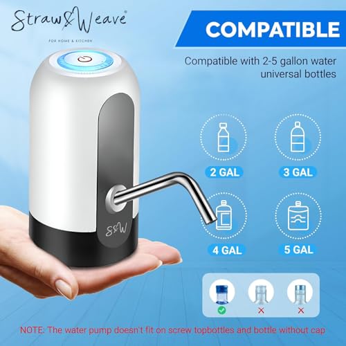 STRAW&WEAVE Automatic Water Dispenser Pump For 20 Litre Bottle With Handle For 20 L Jar | Heavy ABS Handle For Lifting 20L Bottles | Big Battery Water Pump | 1 Year Warranty On Pump & Handle, White - Image 4