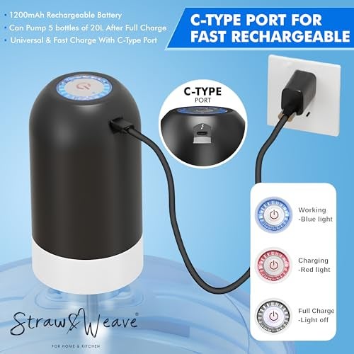 STRAW&WEAVE Automatic Water Dispenser Pump For 20 Litre Bottle With Handle For 20 L Jar | Heavy ABS Handle For Lifting 20L Bottles | Big Battery Water Pump | 1 Year Warranty On Pump & Handle, White - Image 5