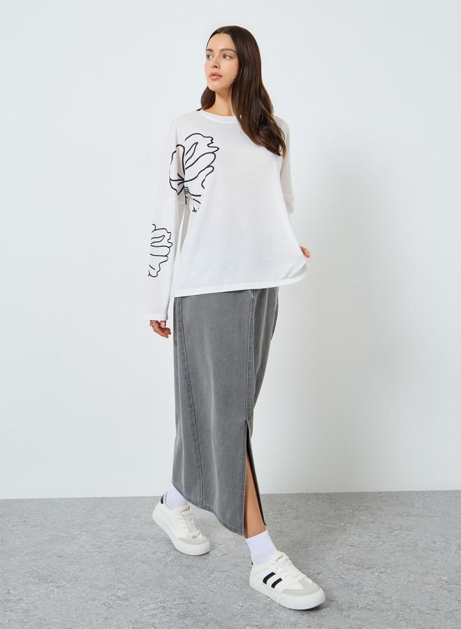 Styli White Graphic Floral Long Sleeve T-Shirt - Image 2