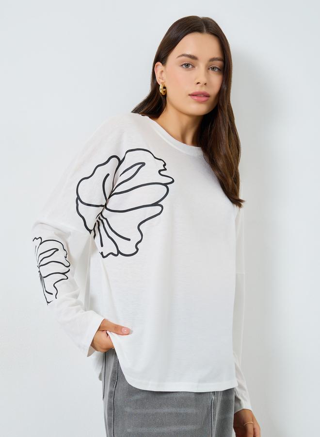 Styli White Graphic Floral Long Sleeve T-Shirt - Image 1