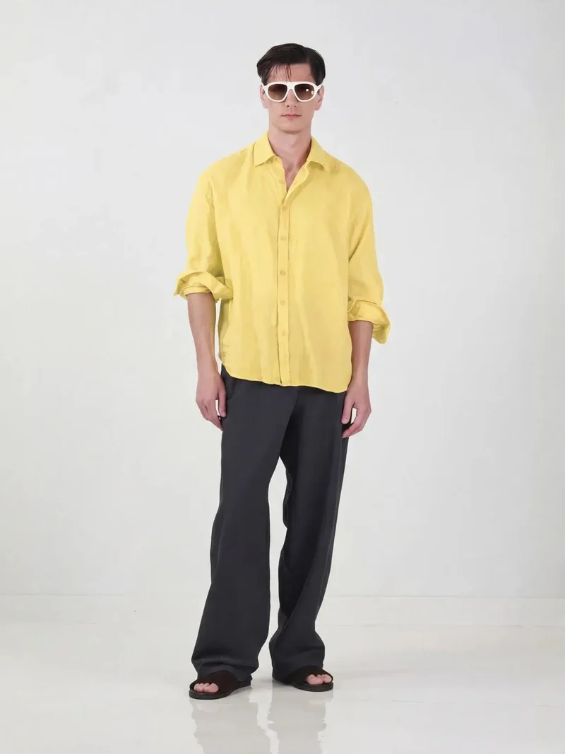 Giesto Lemon Yellow GIESTO Men's Oversized Linen Shirt for Men | Best Price UAE