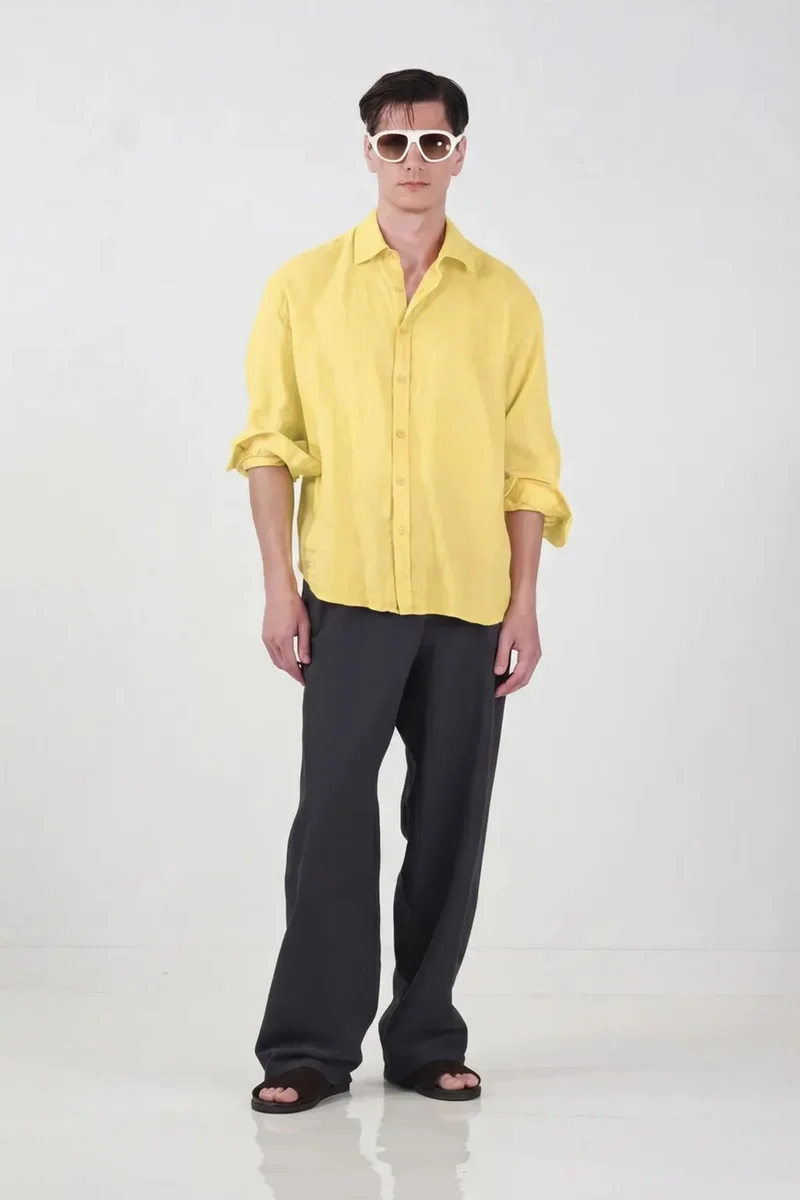 Giesto Lemon Yellow GIESTO Men's Oversized Linen Shirt for Men | Best Price UAE