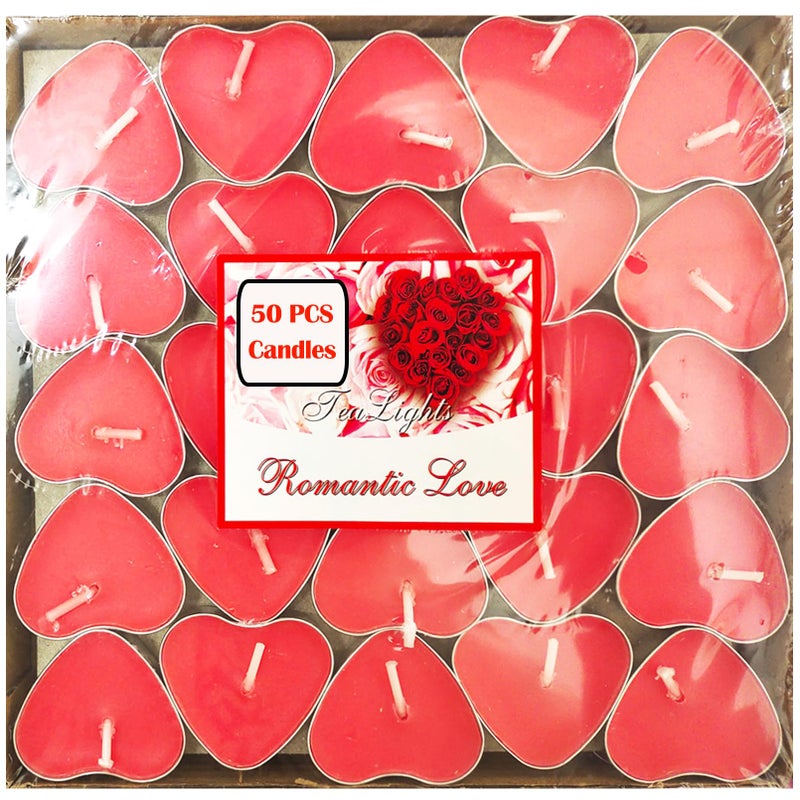 xlehoely 50 Pack Heart Shaped Unscented Tealight Candles, Long Lasting, Smokeless & Dripless for Mood, Romantic Decor, Pool, Dinners - Image 1