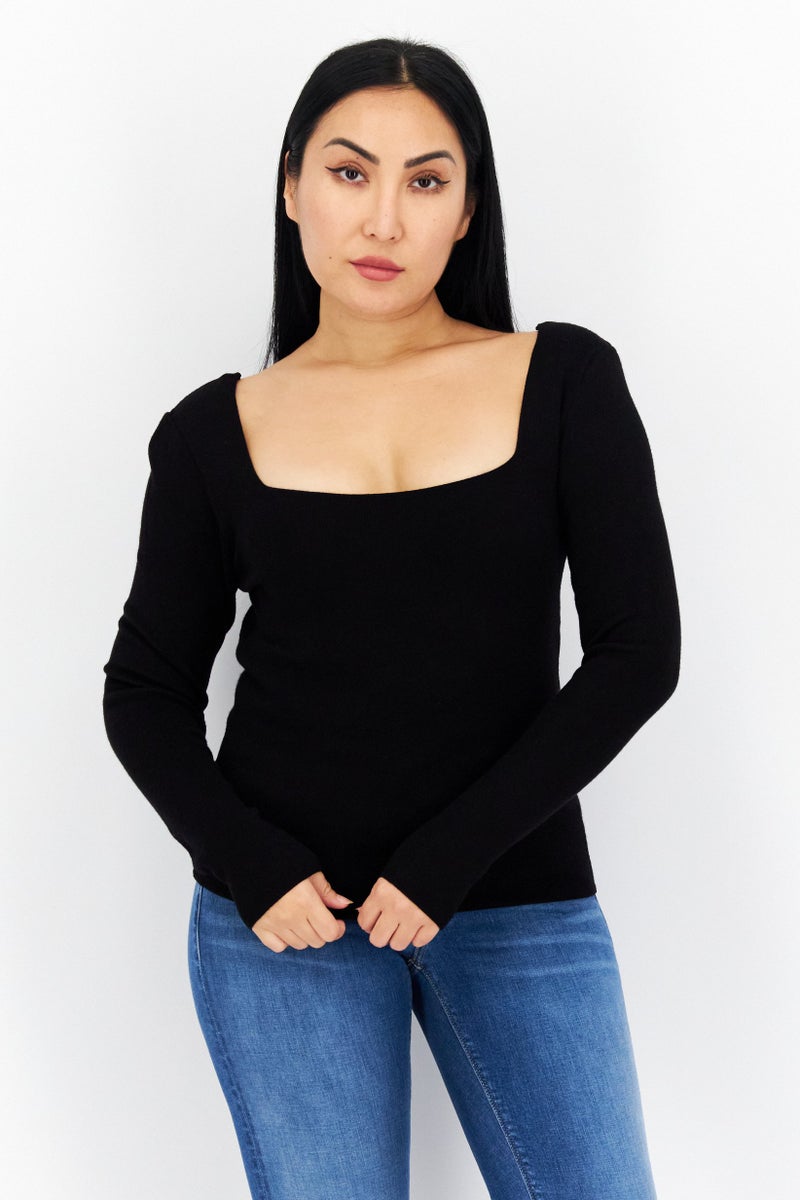 COMMA Women Square Neck Long Sleeves Plain Sweatshirts, Black - Image 1