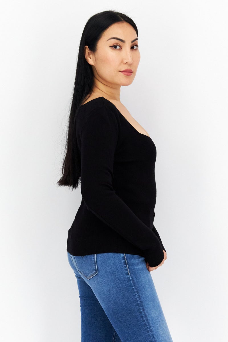 COMMA Women Square Neck Long Sleeves Plain Sweatshirts, Black - Image 3