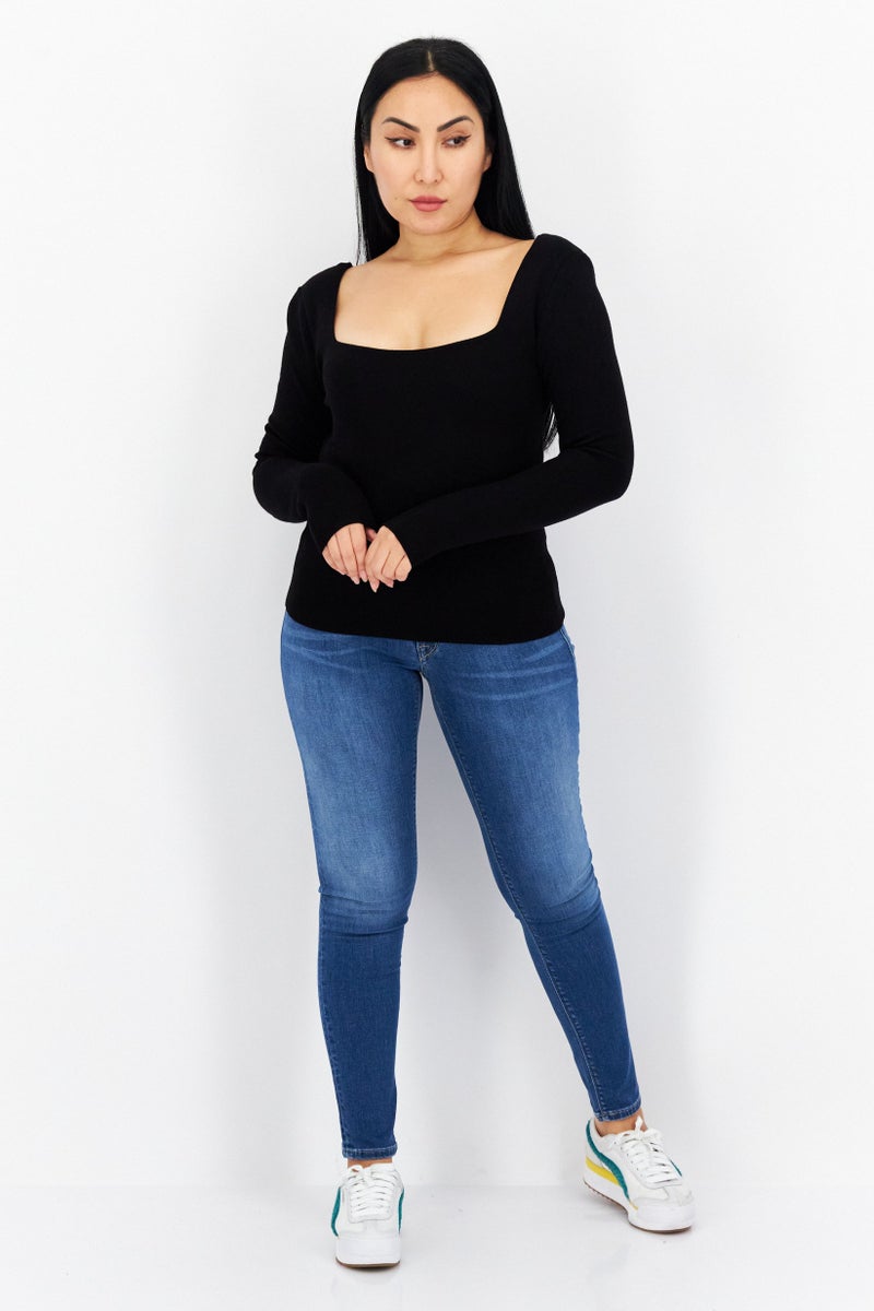 COMMA Women Square Neck Long Sleeves Plain Sweatshirts, Black - Image 4